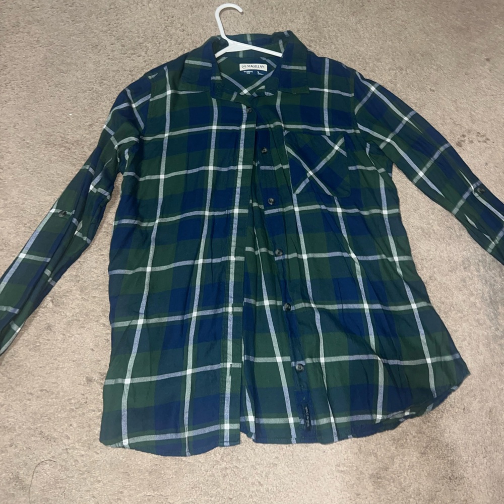 Magellan Outdoors Green and Blue Plaid Button-Up Shirt